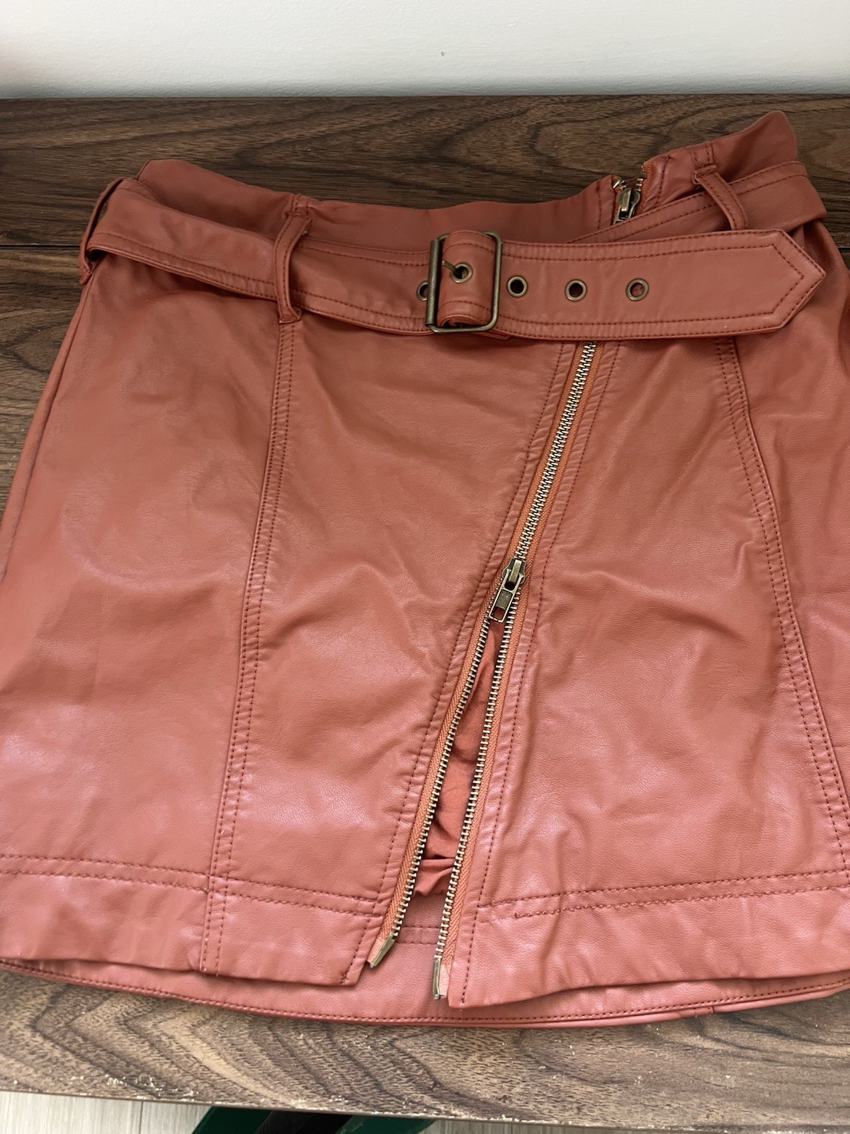 Free People Faux Leather Mini Skirt Belted Zip Front Brown Solid Women’s 10