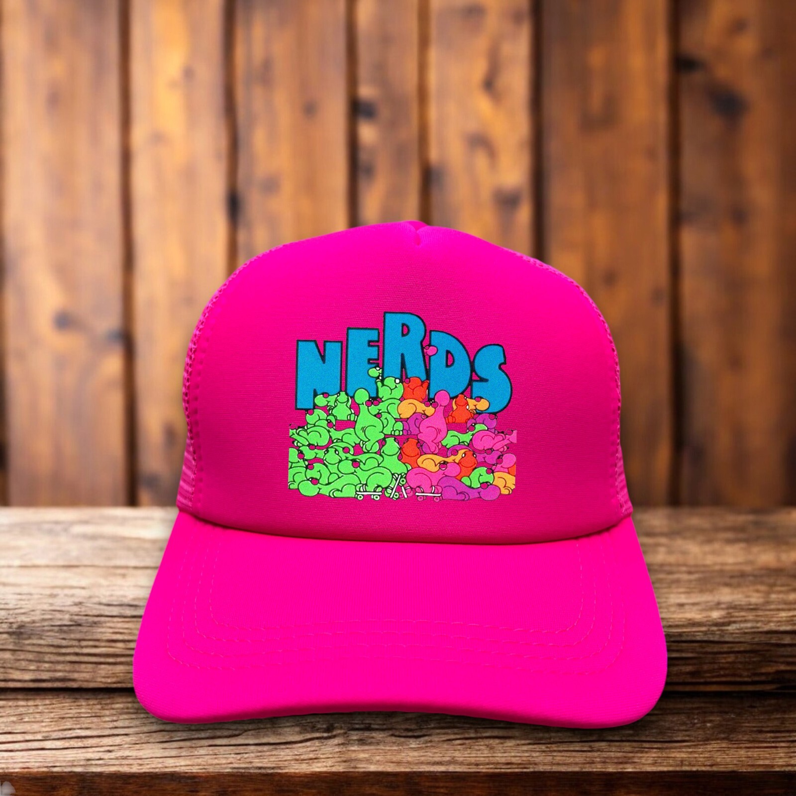 NERDS Mens Trucker Hat Neon Pink Snapback Vintage Candy Ad Baseball Cap