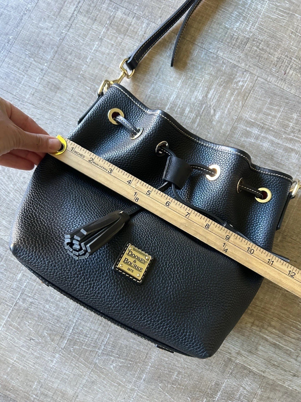 Dooney & Bourke Pebble Grain Leather Drawstring Bucket Bag Black Tassel