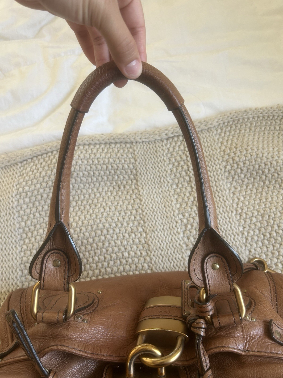 Chloé Brown Satchel Padlock & Key, Studded Bottom, Zip Closure, Gold/Silver
