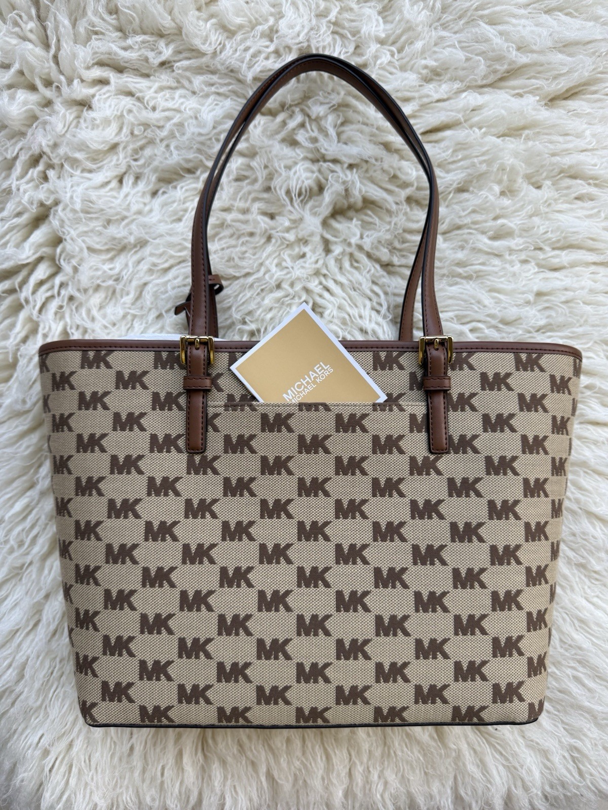 Michael Kors Jet Set Medium Carryall Tote Beige Ebony MK Logo NWT MSRP $298
