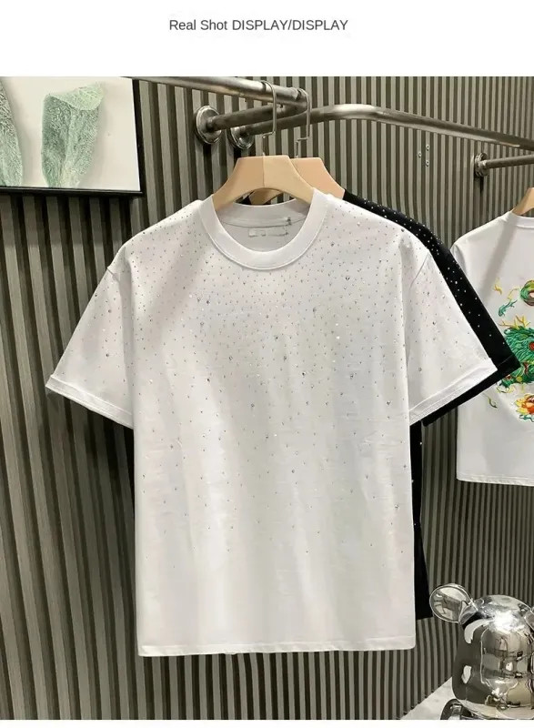 Summer Men Clothing Summer Rhinestone Rivet T-shirt Round Neck Casual T-shirt