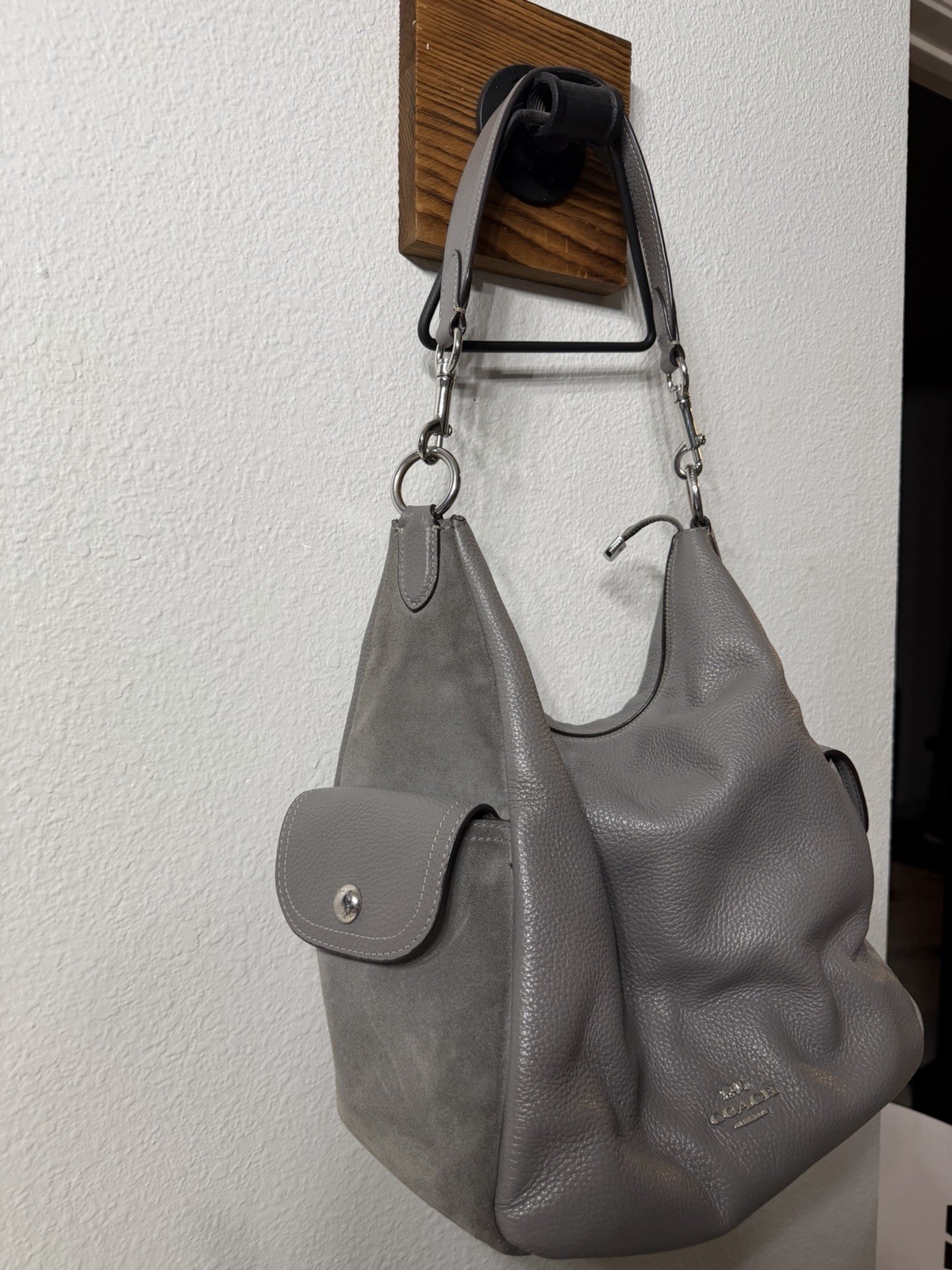Coach Gray Pebbled Zip Top Crescent Shoulder Bag, Silver Hardware, Pockets