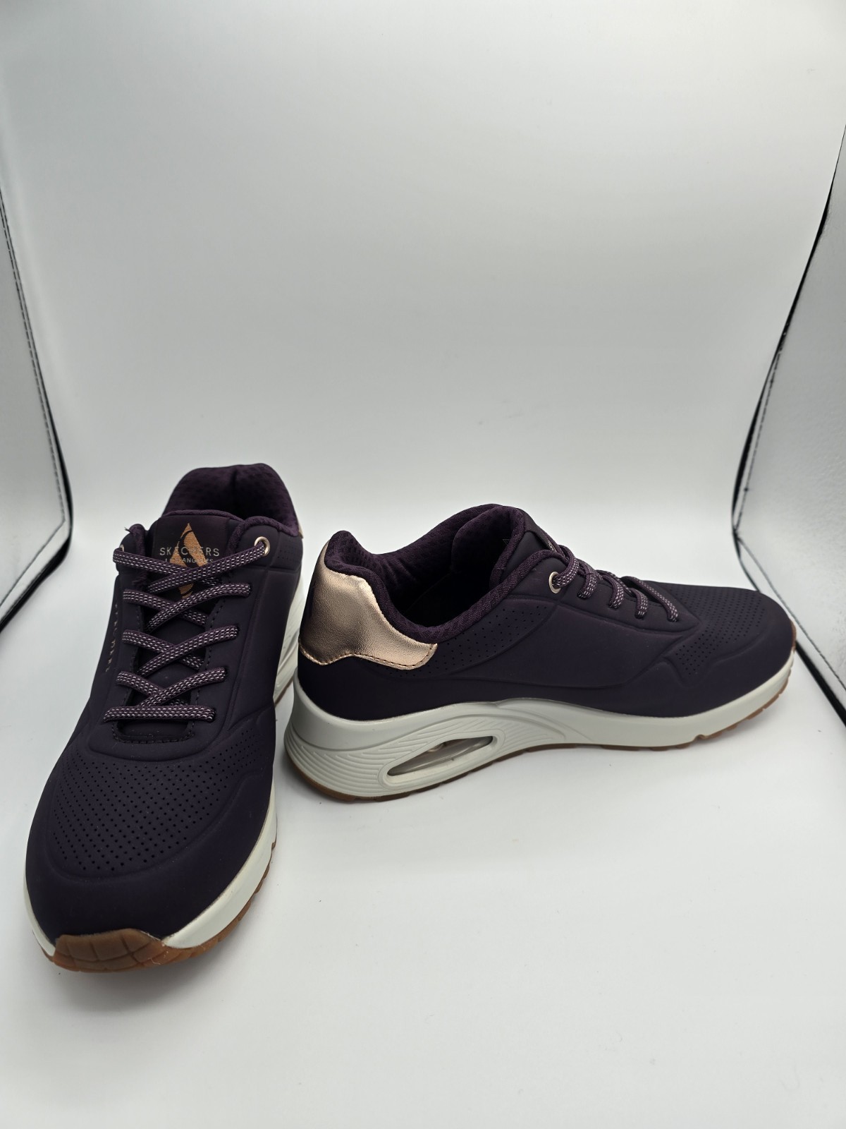 Sz 8 Skechers Women’s Uno Shimmer Away Sneaker, Dark Purple Durabuck Rosegold