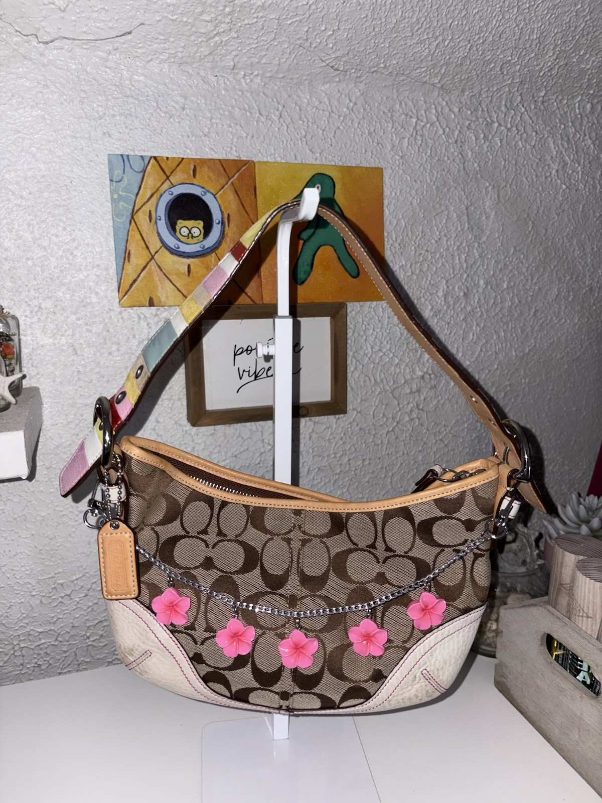 Coach Signature Soho Crescent Shoulder Bag Zip Stripe Strap Charm