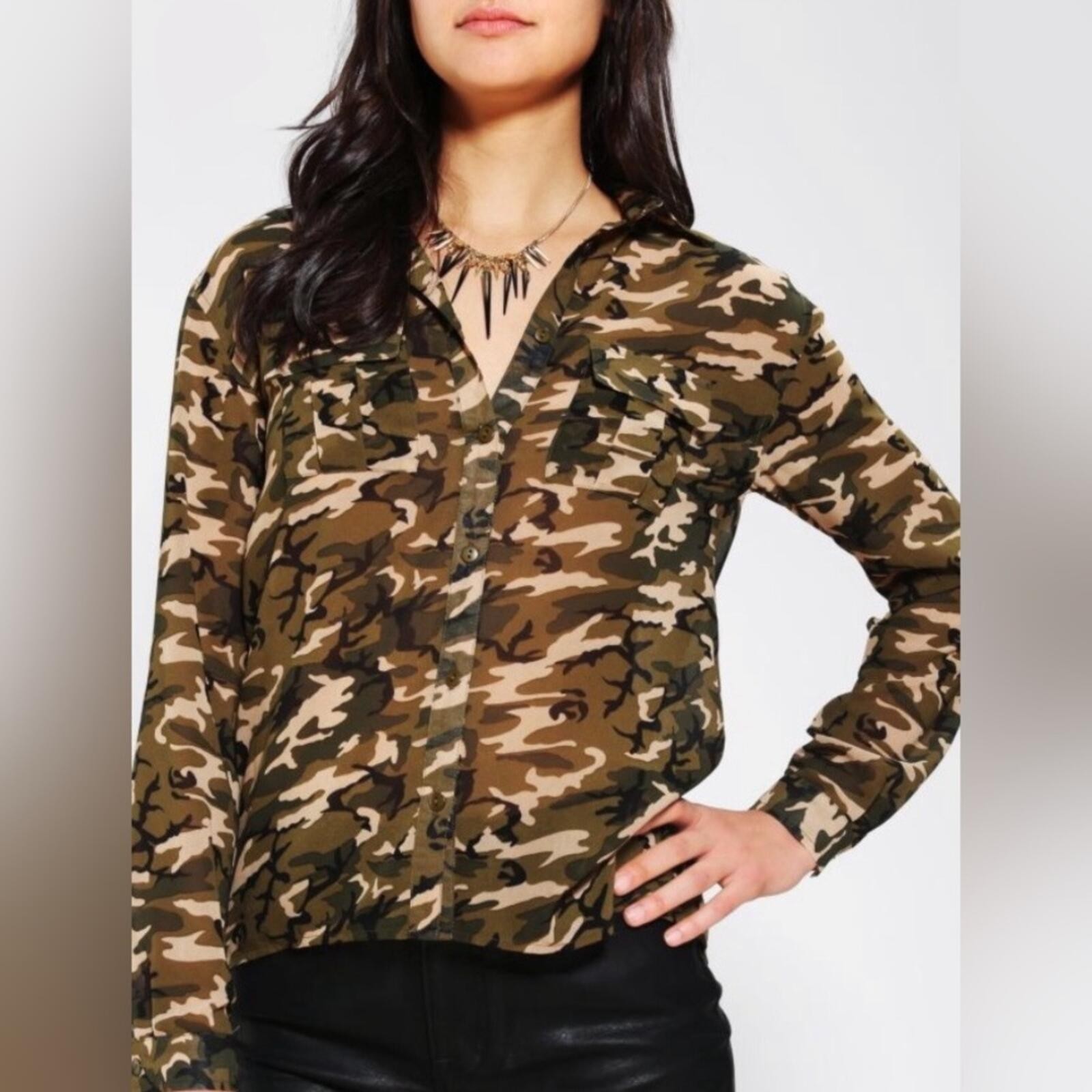 Urban Outfitters Sparkle & Fade Silky Camouflage Button Up Collared Shirt
