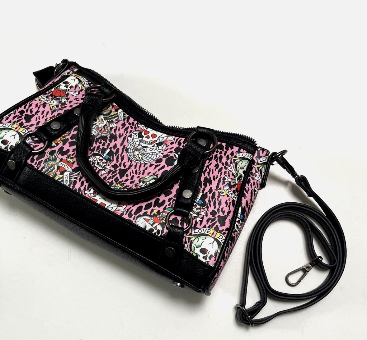 Ed Hardy Pink Leopard Print Tattoo Skull Crossbody/Shoulder Bag Y2K Style