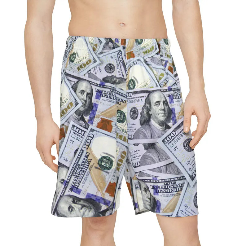 Money Hundred Dollar Bill Hawaiian Shorts Mens Beach Summer Casual