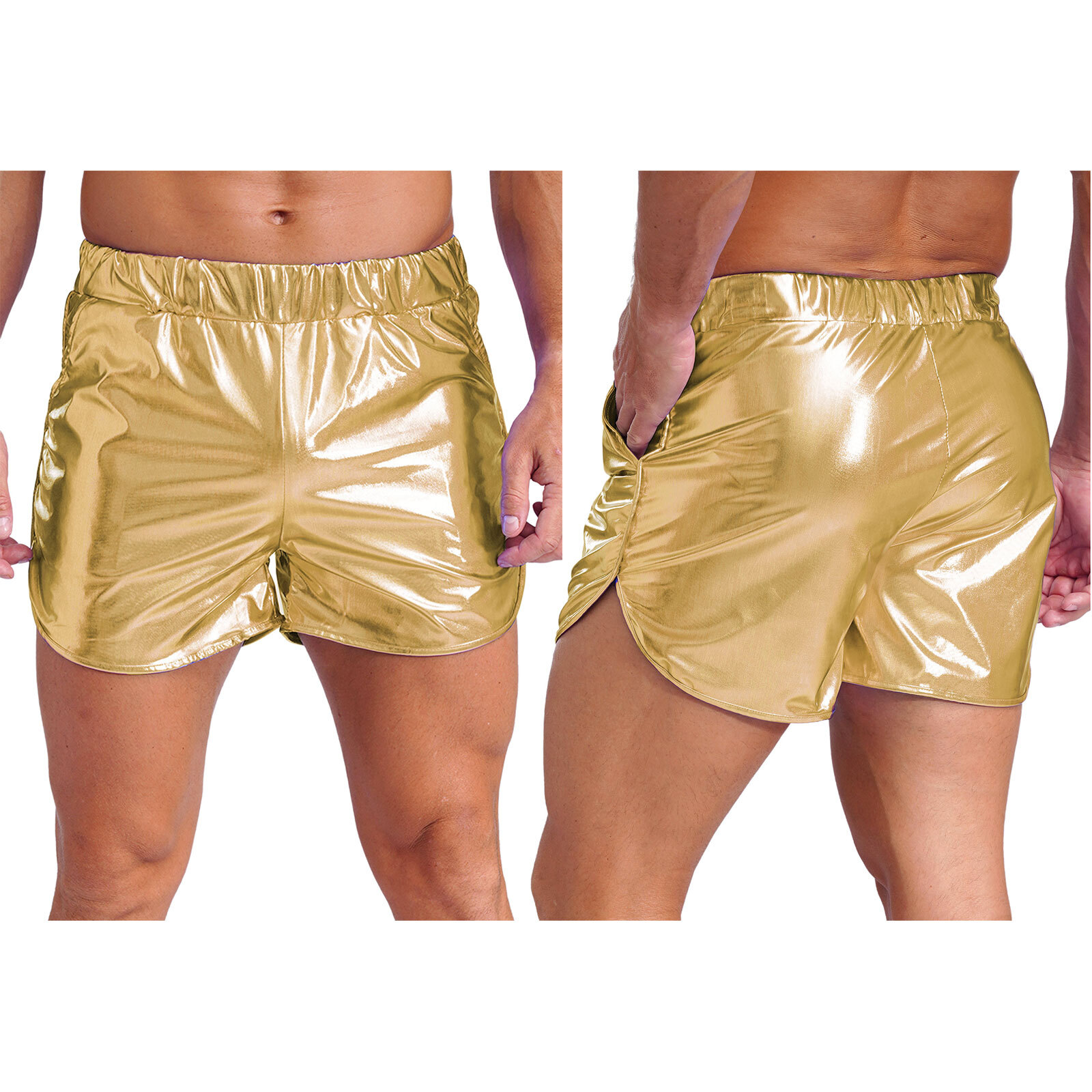 US Men Shiny Metallic Shorts with Pockets Hip Hop Street Bottoms Jazz Costumes