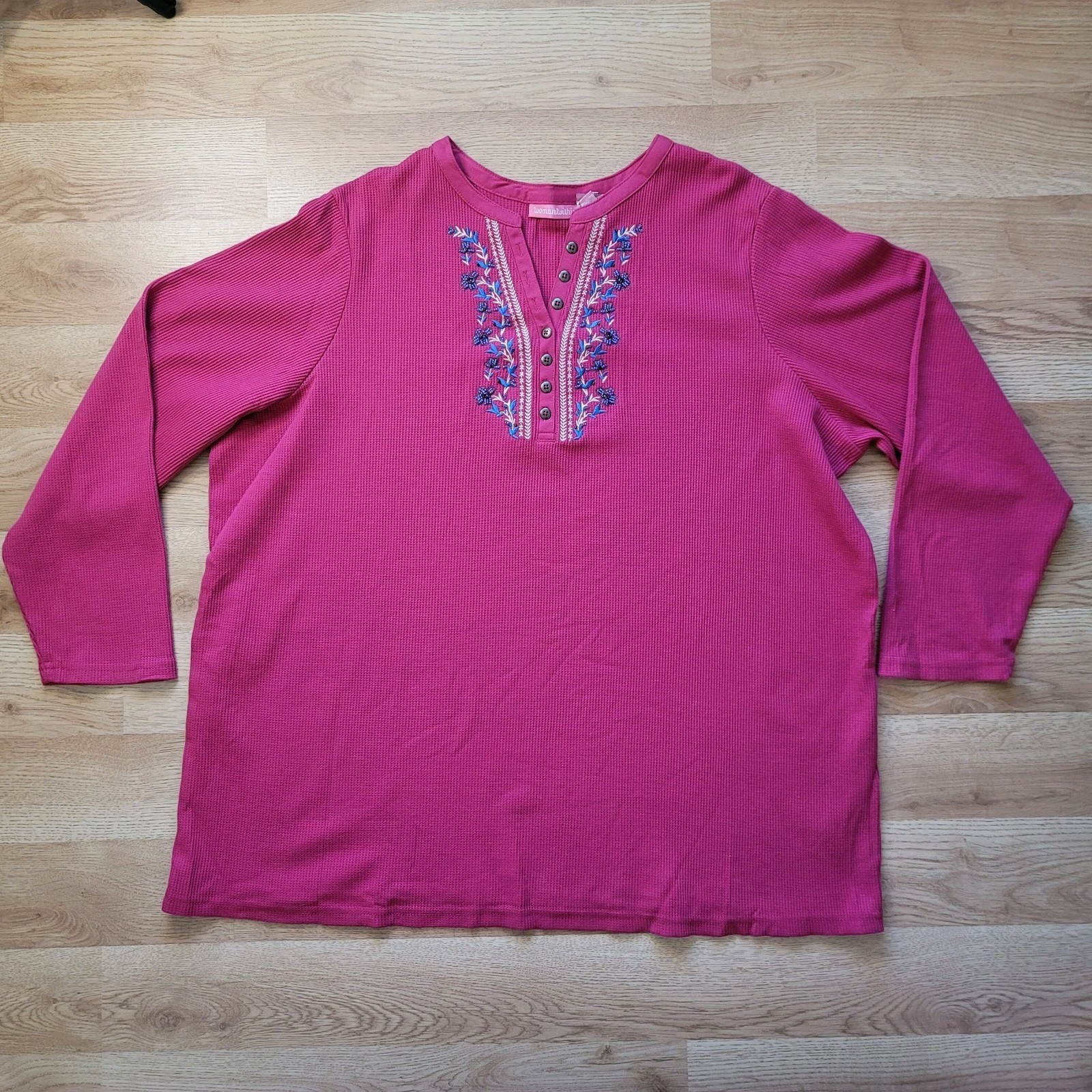 Woman Within 2XL Embellished Waffle Knit Henley Top Pink Beaded Embroidery NWOT