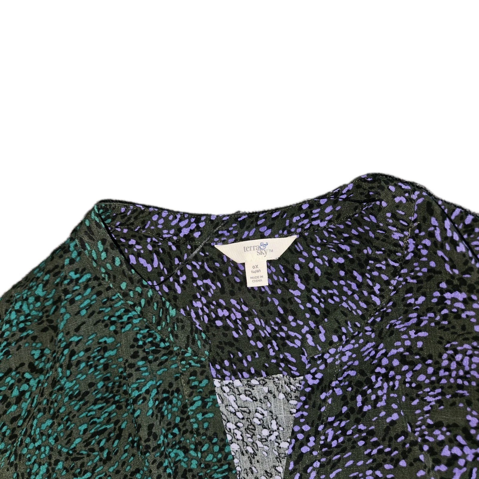Terra & Sky 0X 14W green purple half N half split dress black dots v-neck