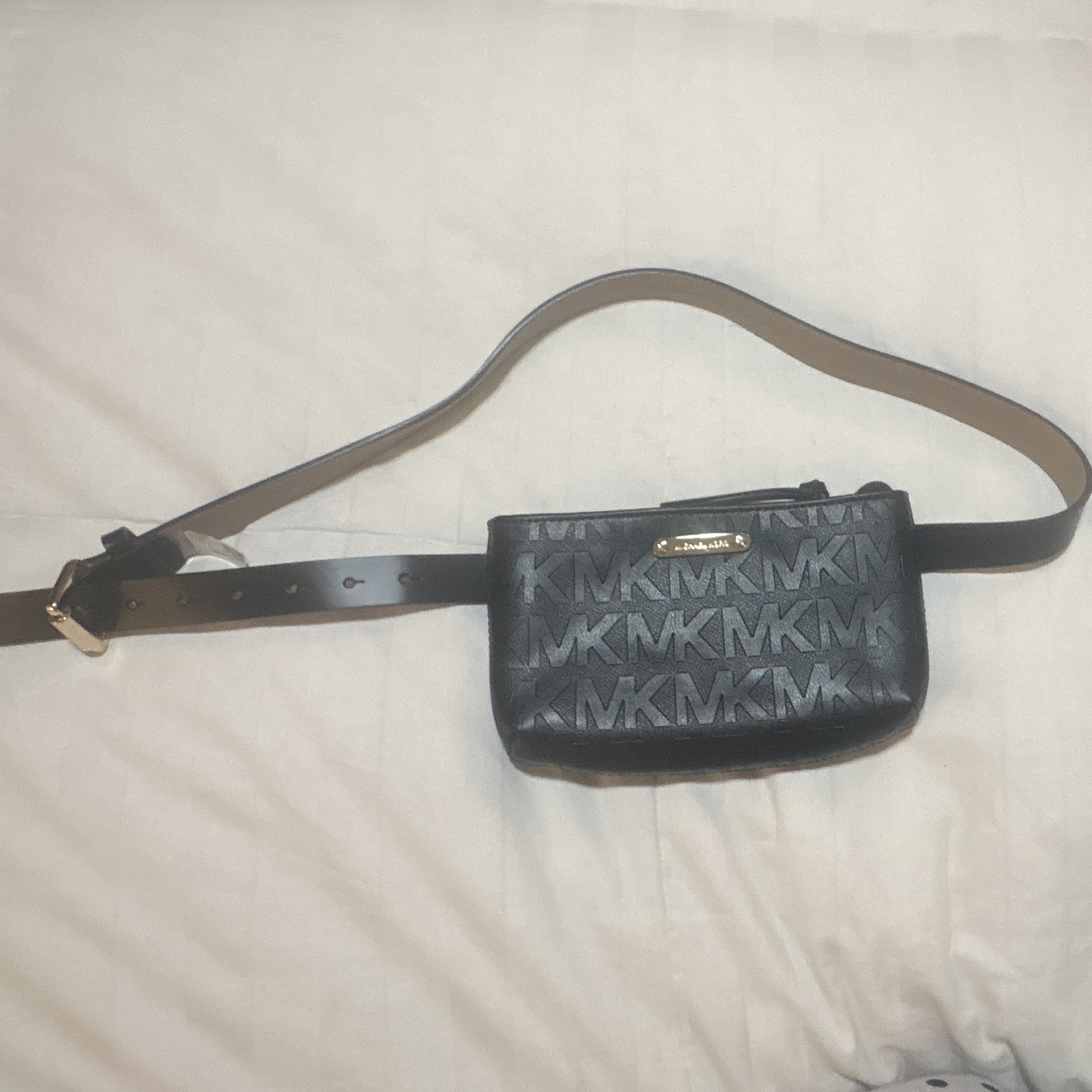 Michael Kors Black Logo Belt Bag Fanny Pack Zip, Adjustable Strap, Gold