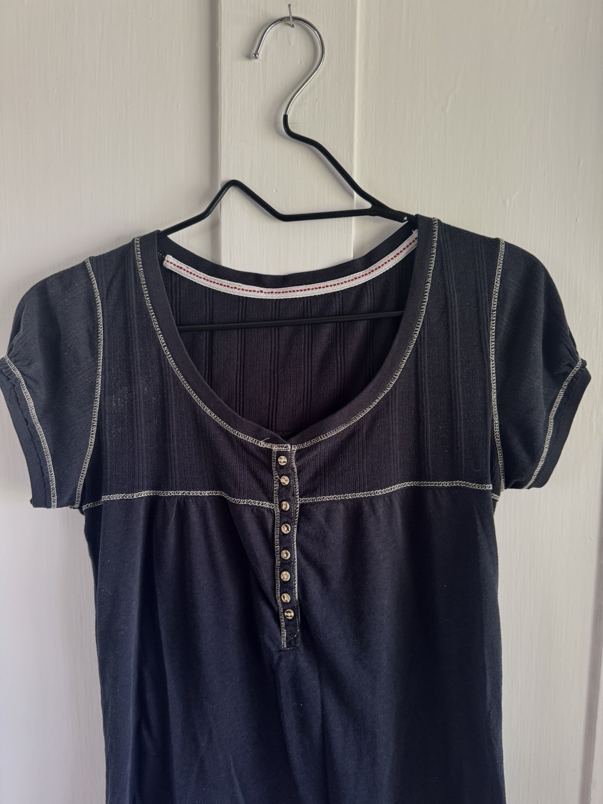 Women’s vintage Black Ribbed Knit Baby Doll T-Shirt Contrast Stitching Size 4-6