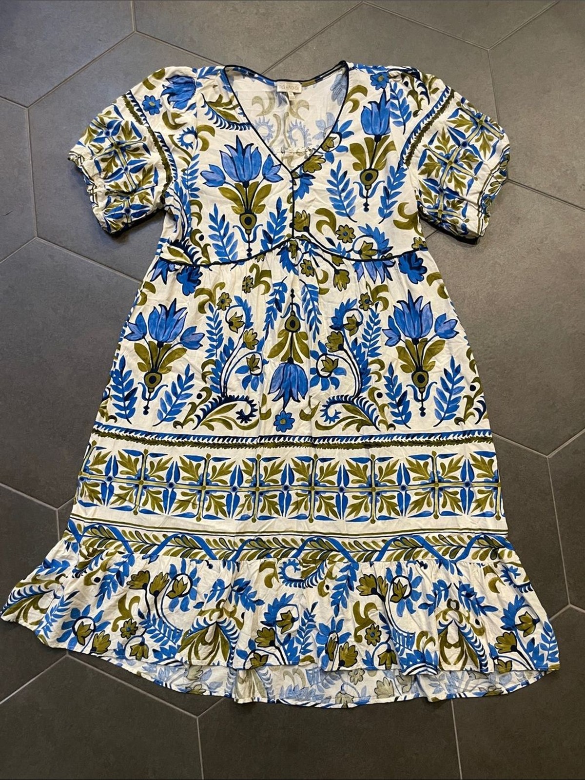 Anthropologie Fig + Flower Blue & Olive V-Neck Boho Dress 1X XL