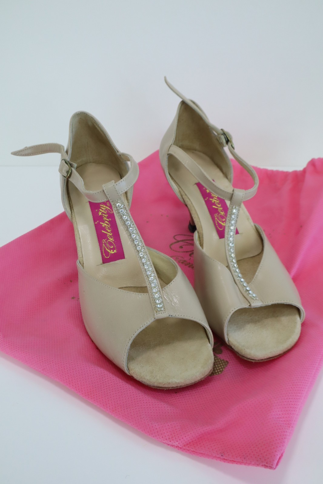 Vintage Celebrity Womens 8M Ballroom Dance Shoes Suede Sole Rhinestone Trim
