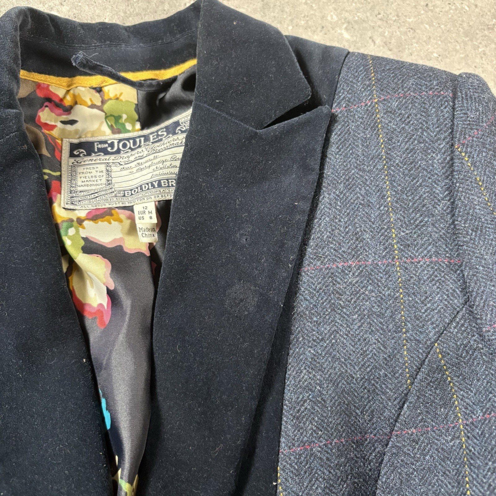 Joules Blazer UK 12 Blue Wool Tweed Jacket Windowpane Velvet Trim Hartfield