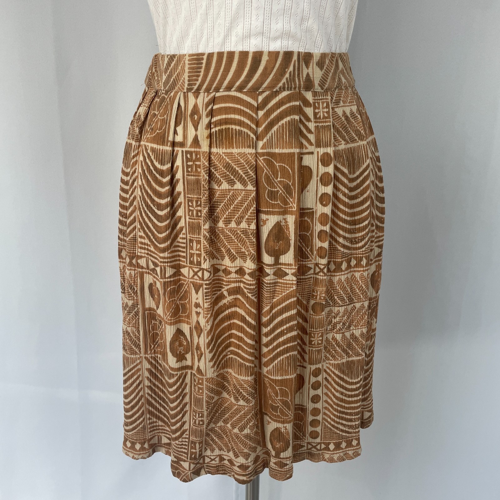 Vintage A Line Mini Skirt Small Brown Tan Tribal Boho Lagenlook Pleated Skater