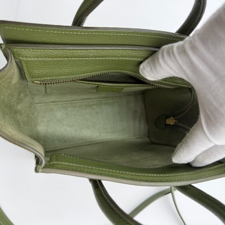 CELINE Luggage Nano Shopper Hand Bag Green Leather Gold Tone