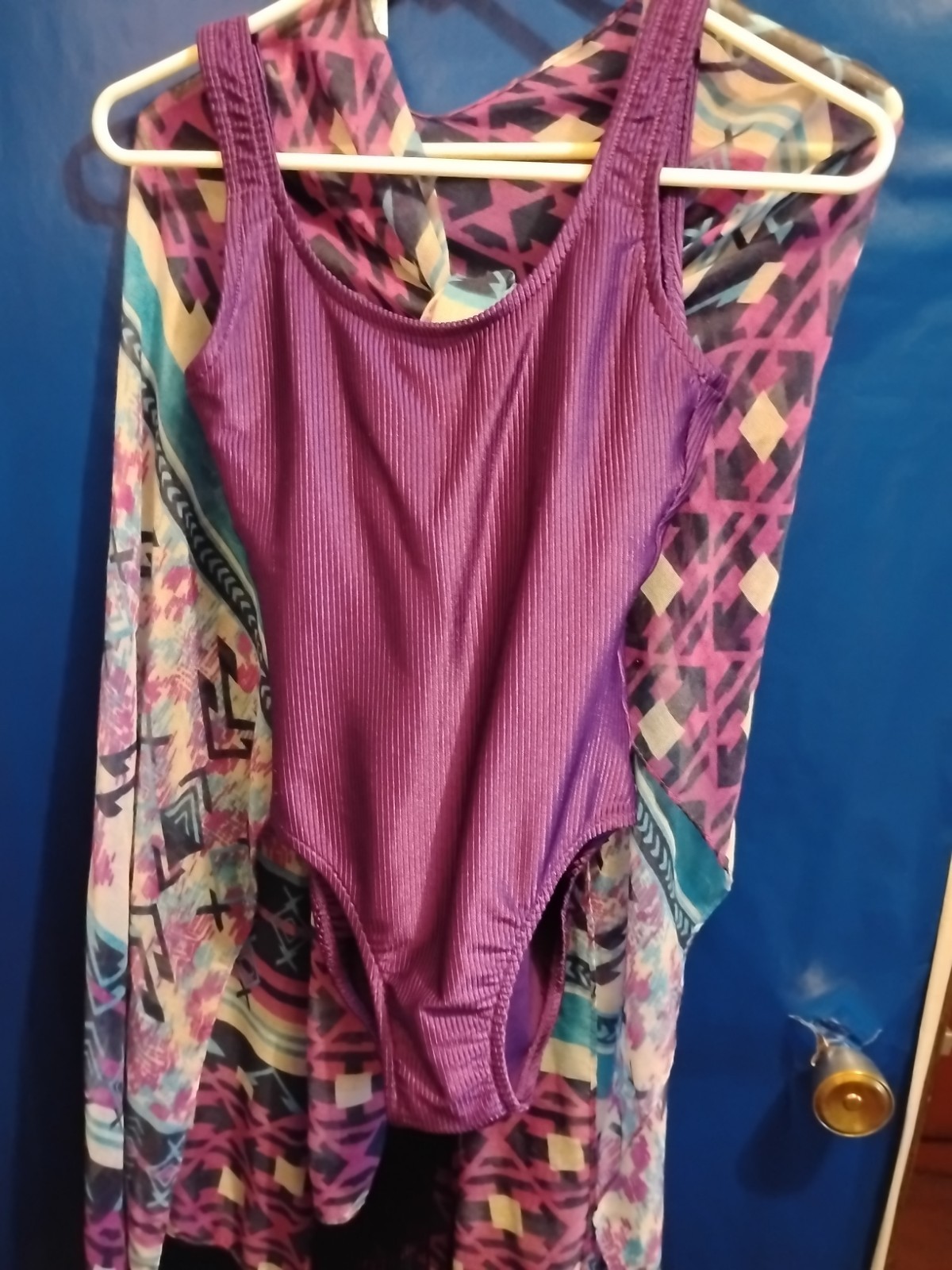 White Stag Size M 10 Purple Vertical Striped One Piece Swimsuit With Sheer…