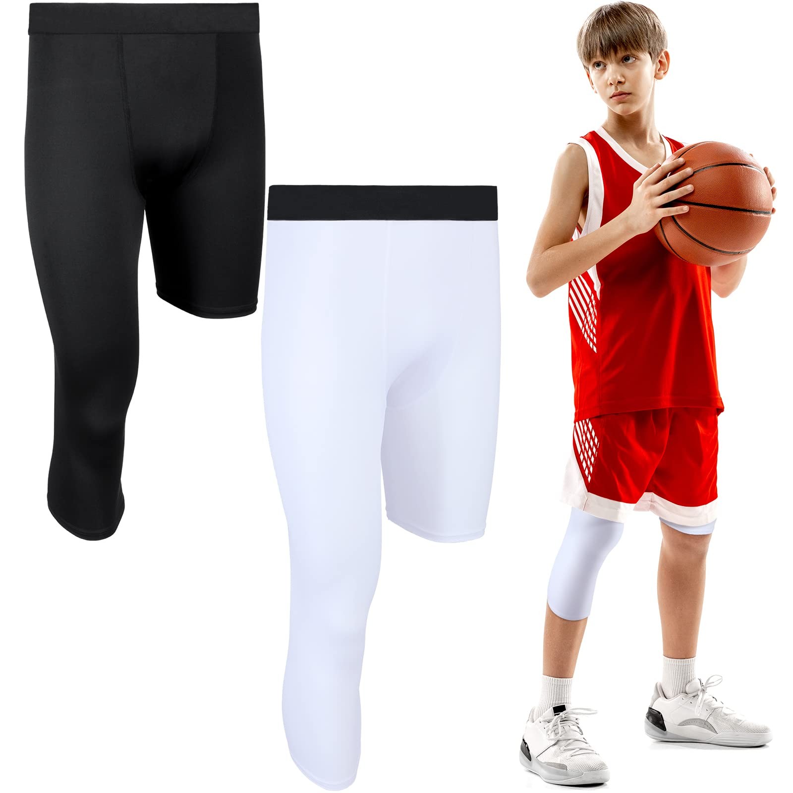 Hercicy 2 Packs Boys’ Youth 3/4 One Leg Medium, Black+white( Left Short)