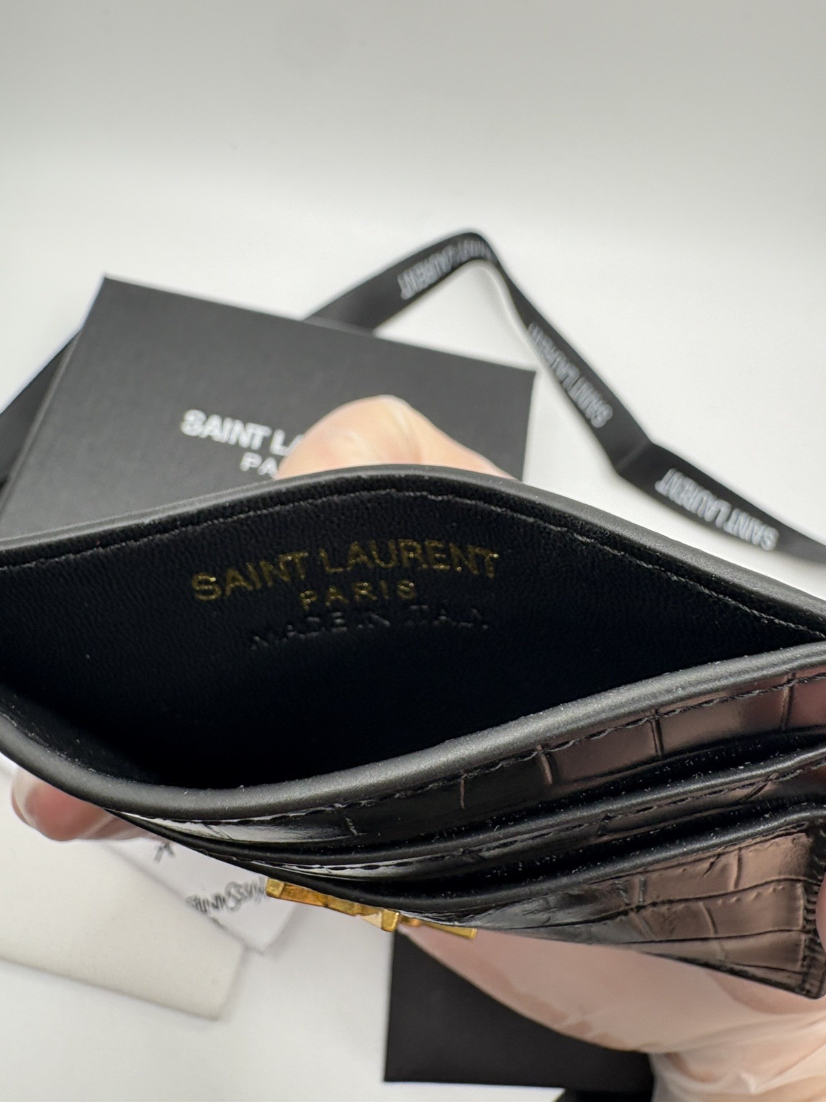 YSL Saint Laurent Black/Gold Leather Croc Embossed Card Holder Wallet