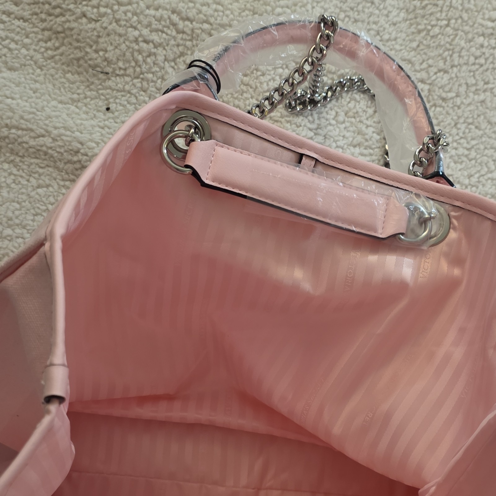 Victoria’s Secret New York Pink Striped Large Tote Bag, Chain Straps, Charm