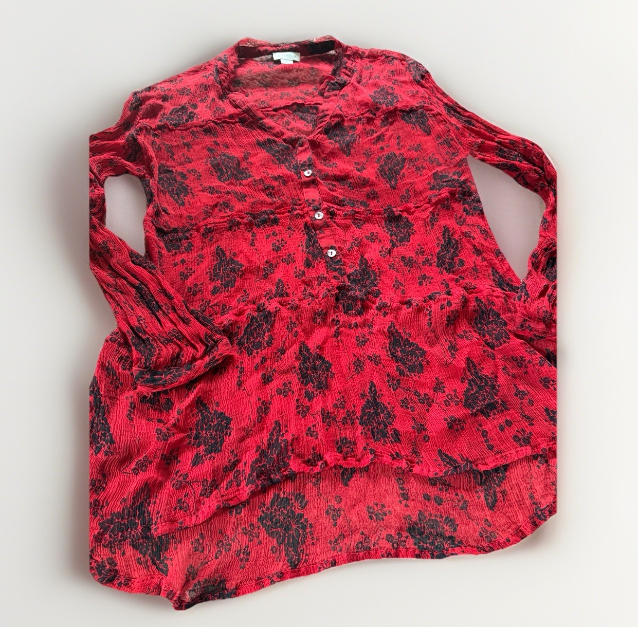 Sundance Size Medium Elodie Black Red Floral Tiered Blouse Top Button Sheer