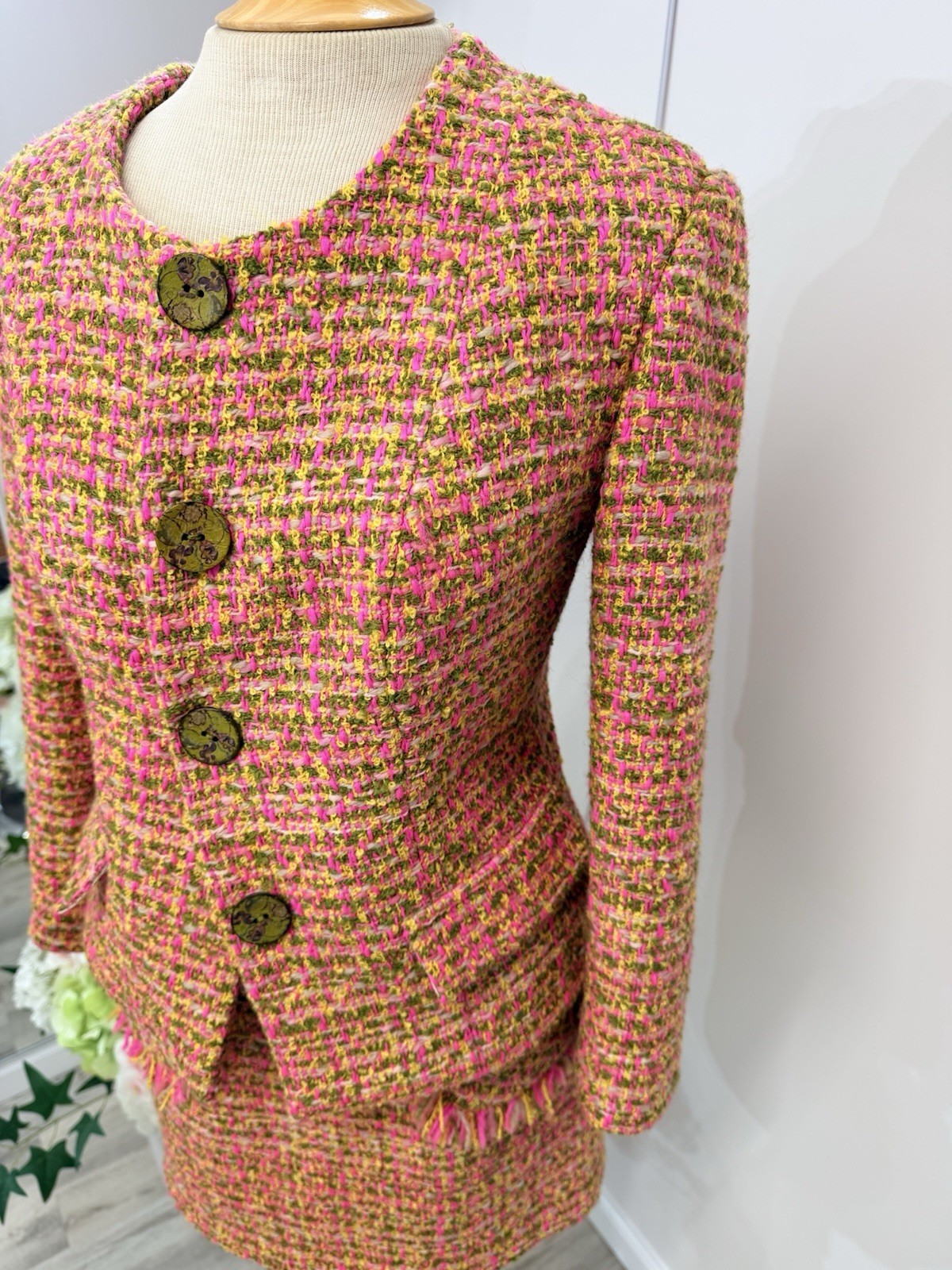 Pink Multi Tweed Fringe Blazer Jacket And Skirt M Floral Print Lining