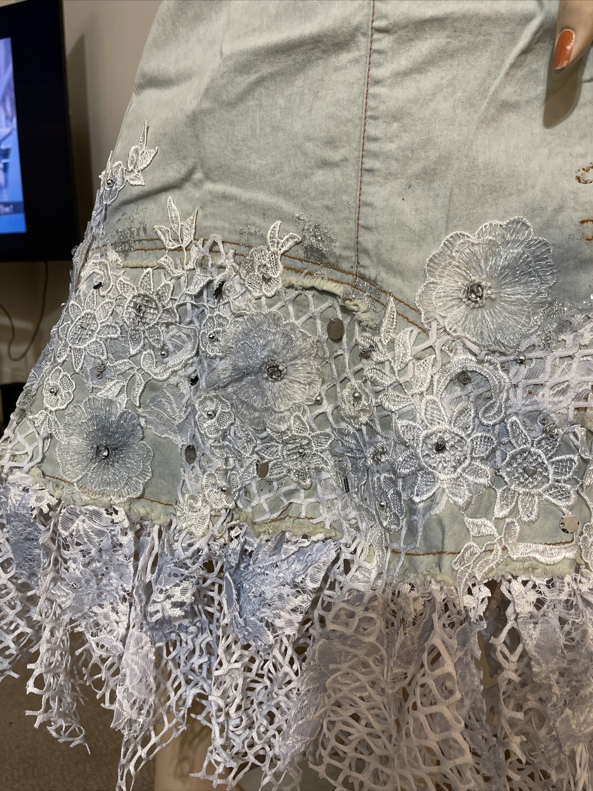 Light Blue Denim Cotton Embroidery Lace Bead Boho Size XL(10-12) Skirt SK 708