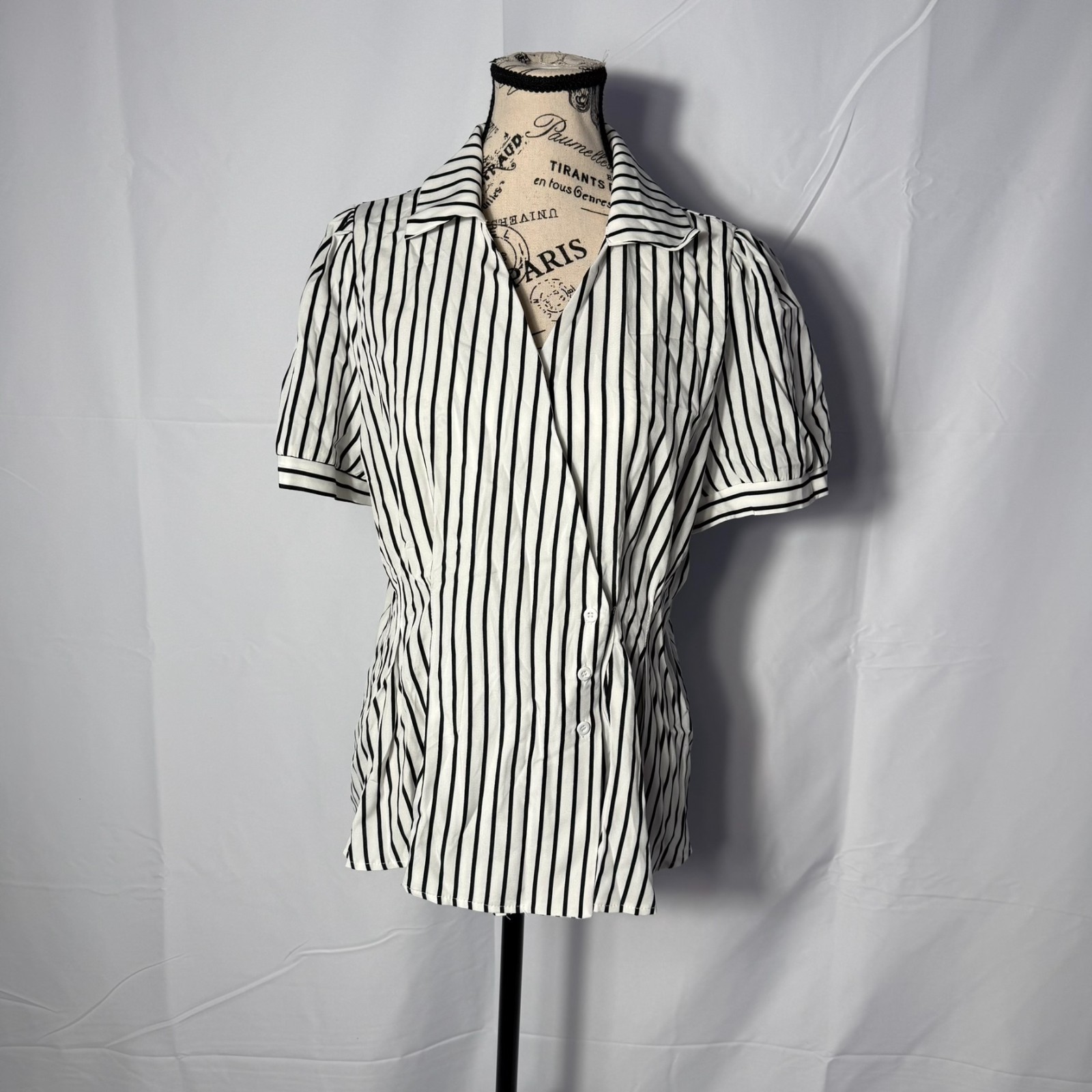 SHEIN LRG White Black Striped Blouse Asymmetrical Button Snap Collar Career Top