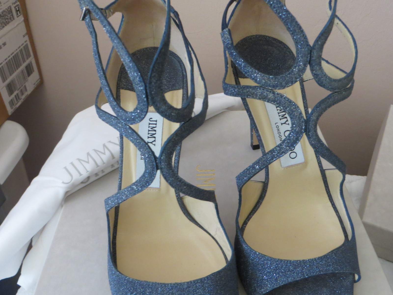 Pre-Owned Jimmy Choo Blue Fine Glitter Strappy Lang Sandal Heels 39M