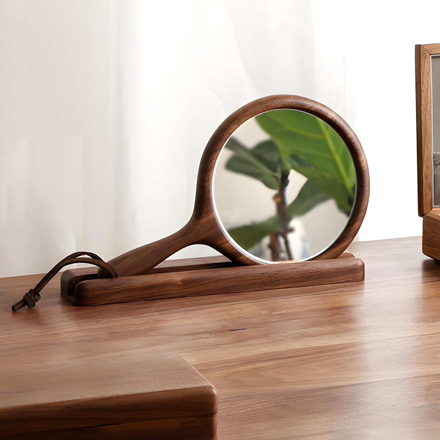 Handheld Mirror with Base, Wood Barber Hairdressing Handheld Mirror, Makeup Hand