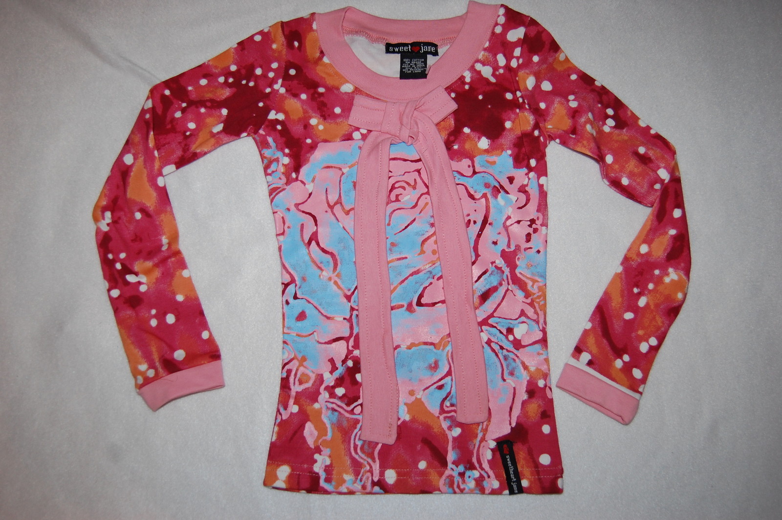 Girls L/S Shirt PINK BLUE ROSE Abstract Floral BOWTIE Size XXS XS S M L XL
