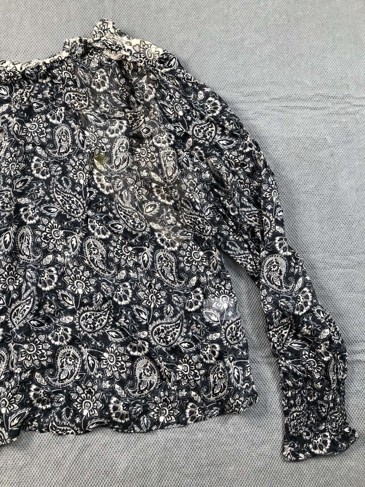 Boden Blouse Womens 8 Black Round Neck Long Sleeve Paisley Ruffle Sheer NWT
