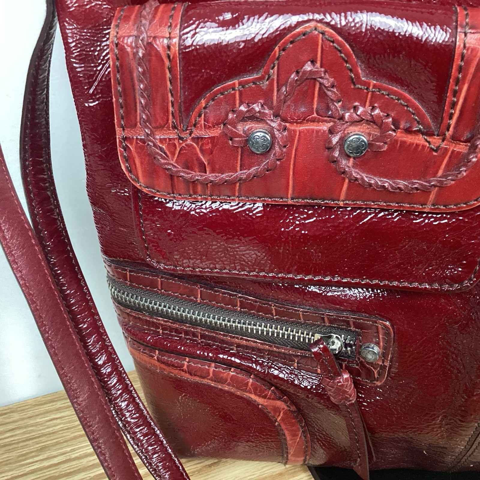 Brighton Kaelan Pocket Tote ORGANIZER Patent Leather Red Med Tote Shoulder Bag