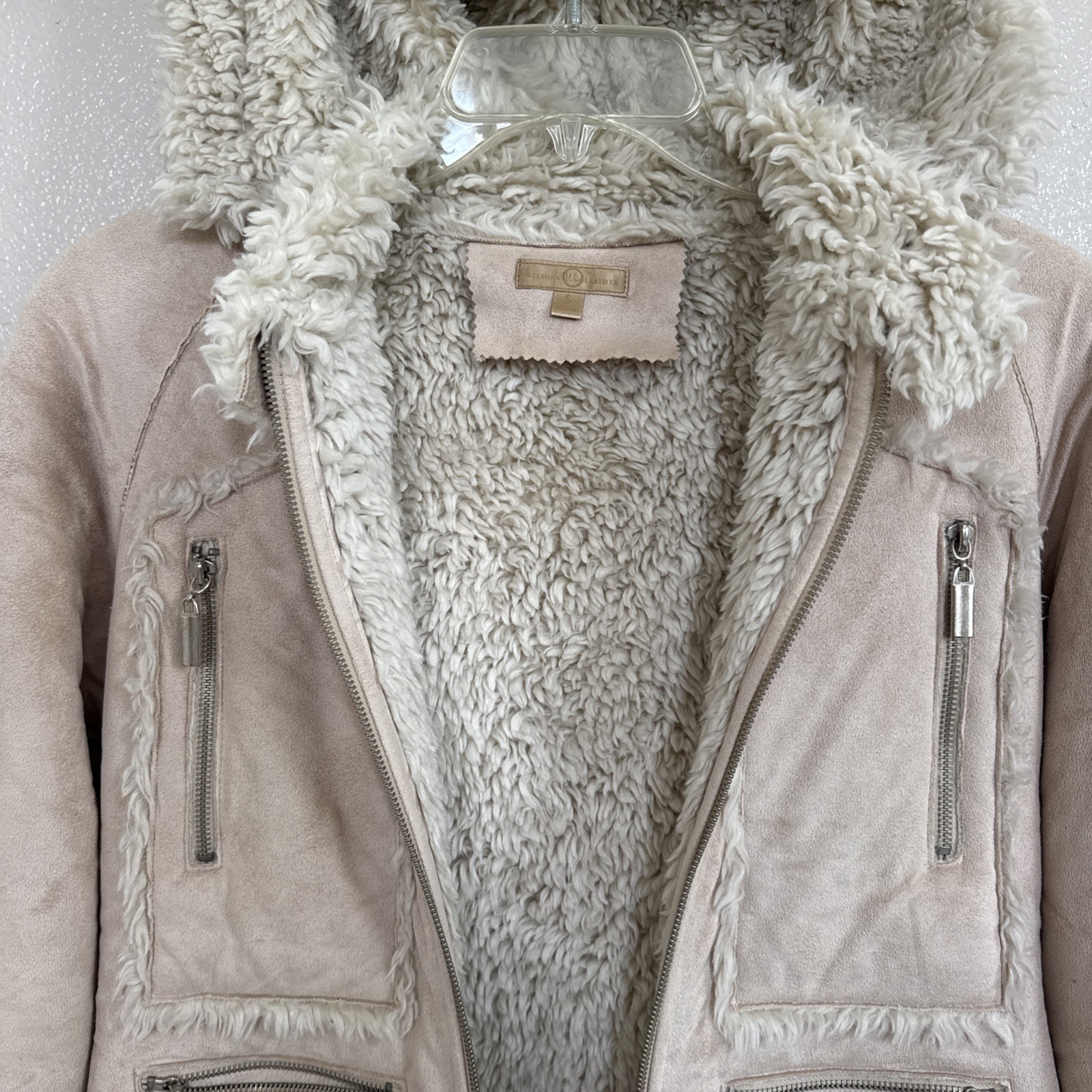 Wilson’s Leather Faux Fur & Suede Penny Lane Style Jacket Removable Hood Beige S