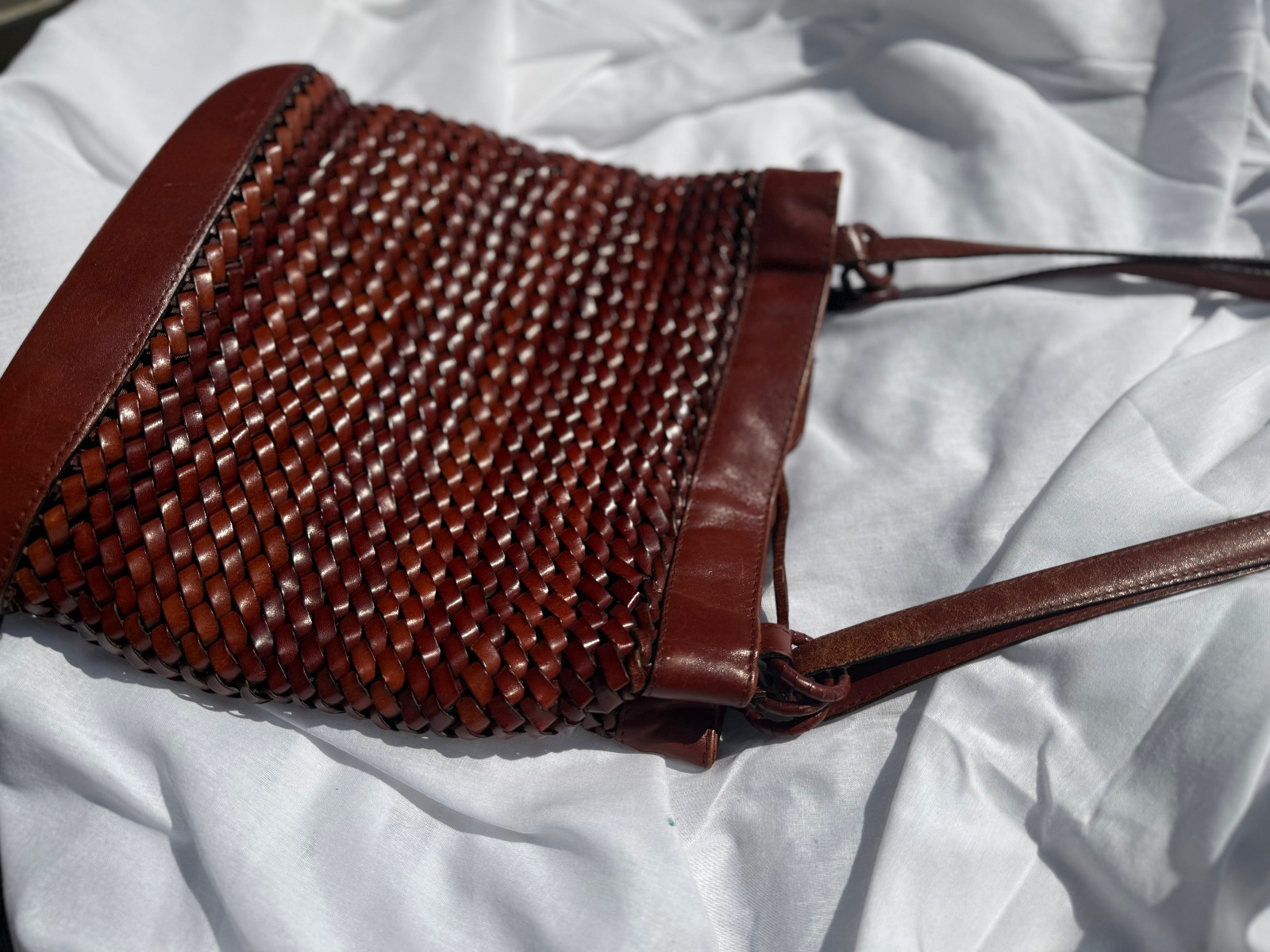 Vintage Etienne Aigner Medium Woven Leather Bucket Shoulder Bag Oxblood Brown