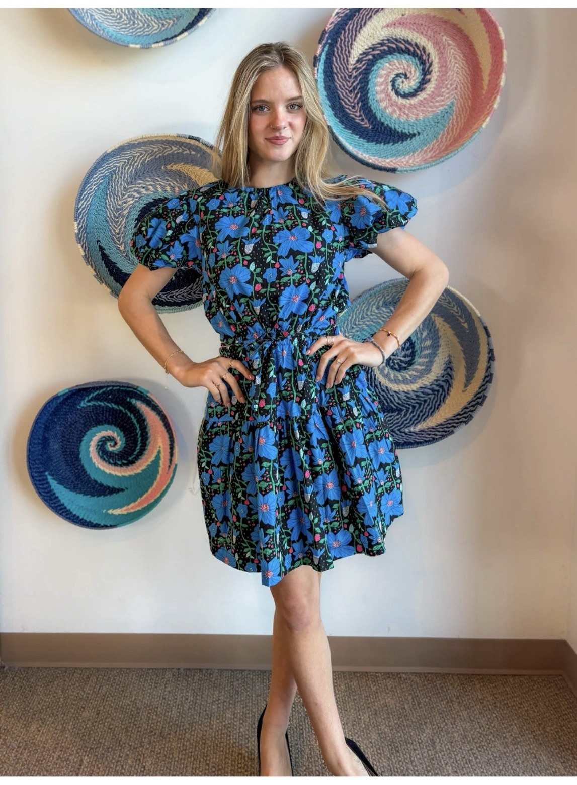 &merci Black/Blue/Green/Pink Floral Square Neck Puff Sleeve Fit & Flare Dress S