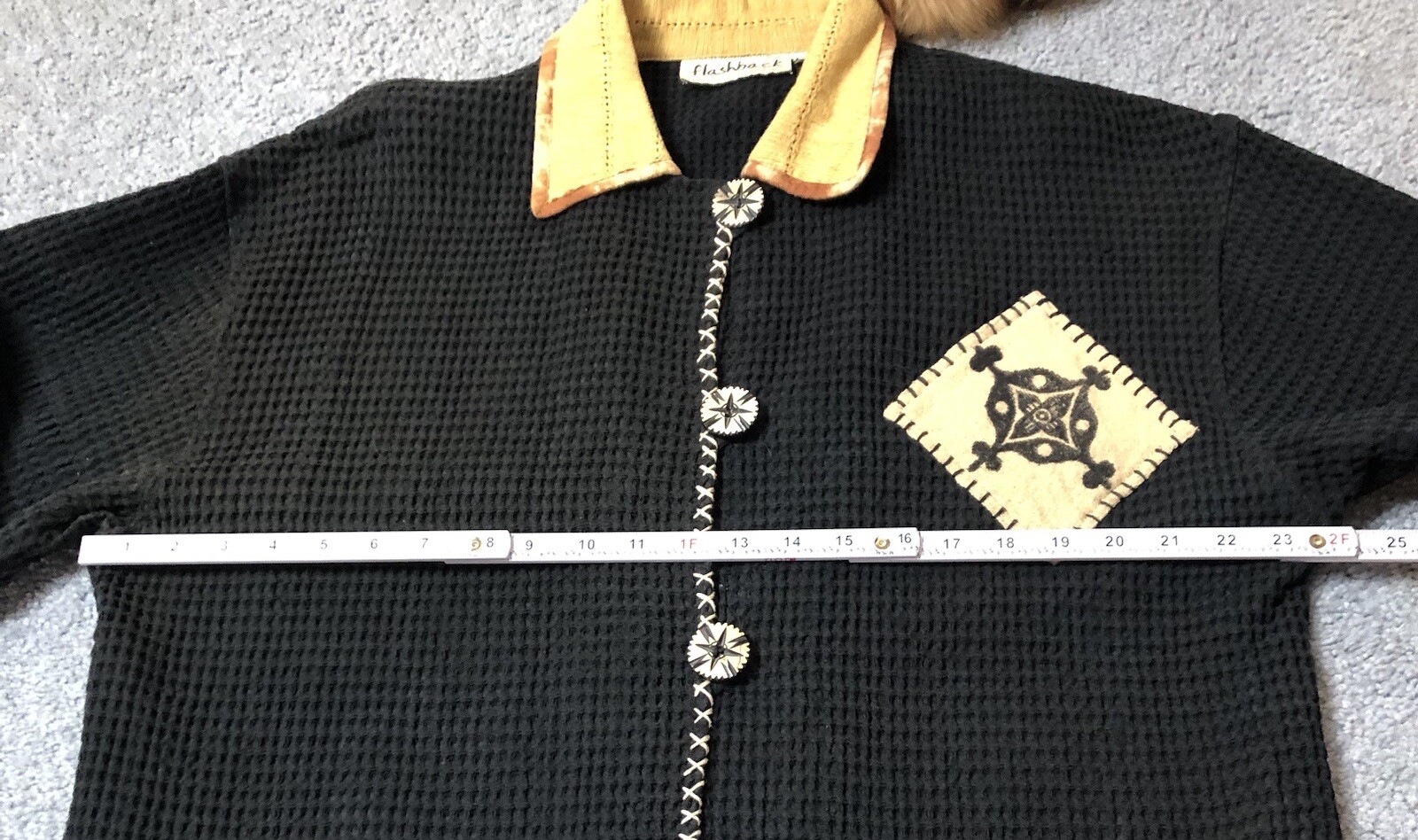 Vtg Waffle Knit Cardigan Jacket Women’s L Black Button Up Pockets Tribal Goth