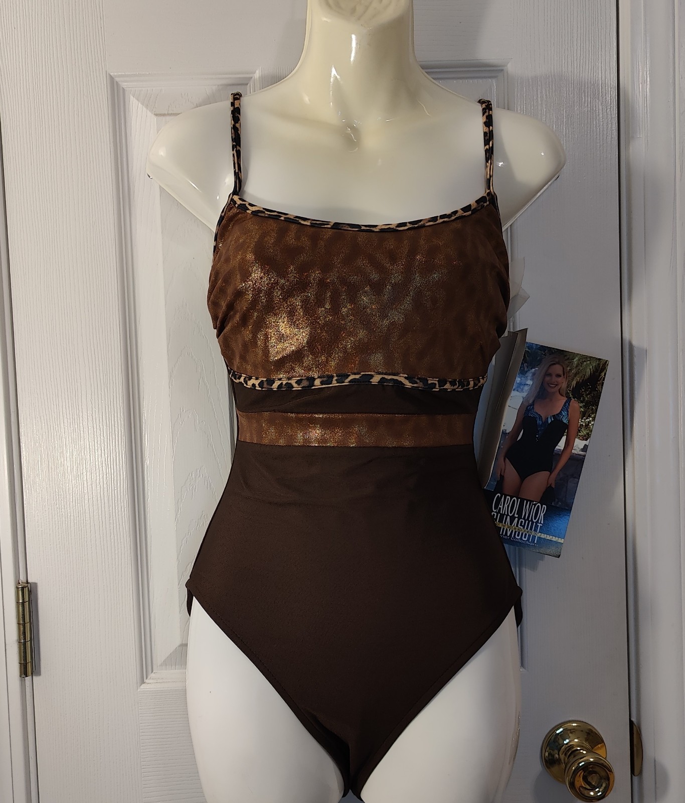 NWT Carol Wior Swimsuit One Piece Slimming Brown Animal Print Built In Bra Sz 8