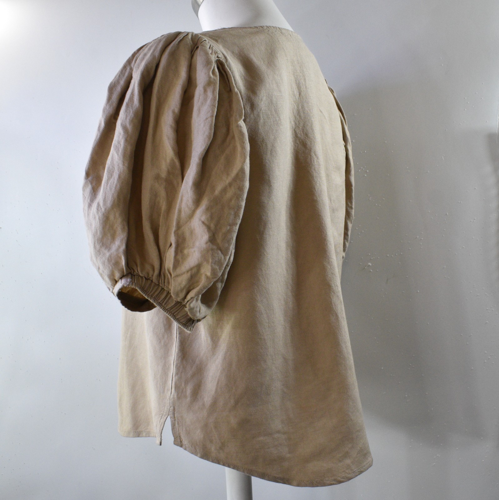 New Express Blouse Tan Linen Balloon Sleeve Shirt V Neck Button Top Boho Women M