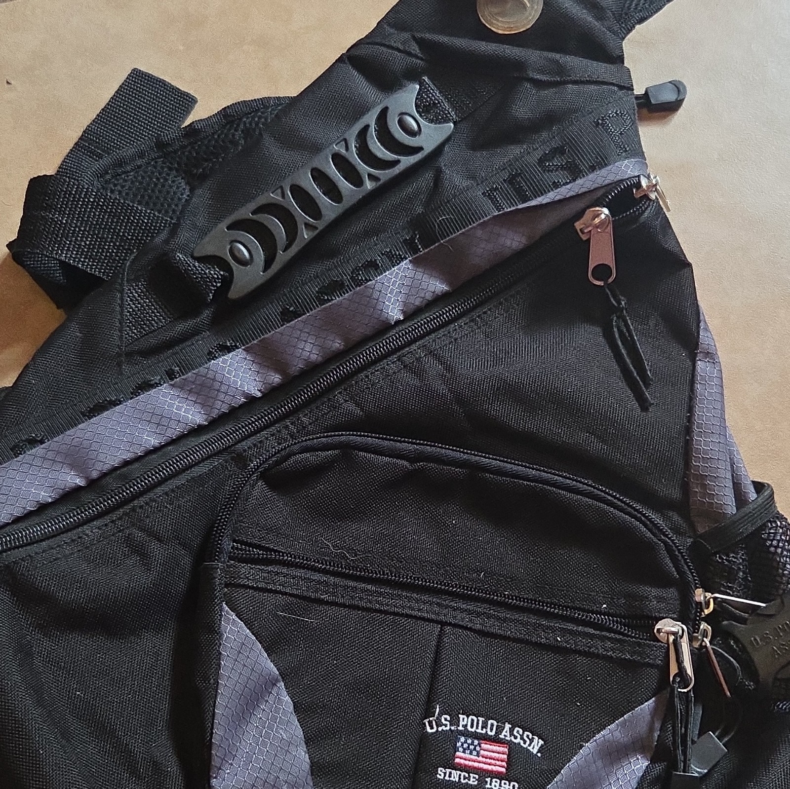U.S. Polo Assn. Black/Gray Crossbody Sling Bag, Zip, Adjustable Strap, Pockets
