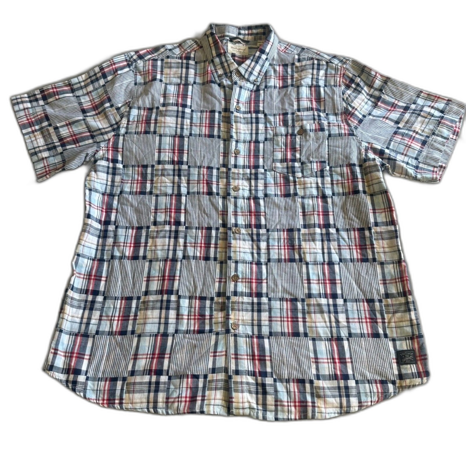 Men’s Weatherproof Vintage Red White & Blue Plaid Patchwork Button Down Size XXL