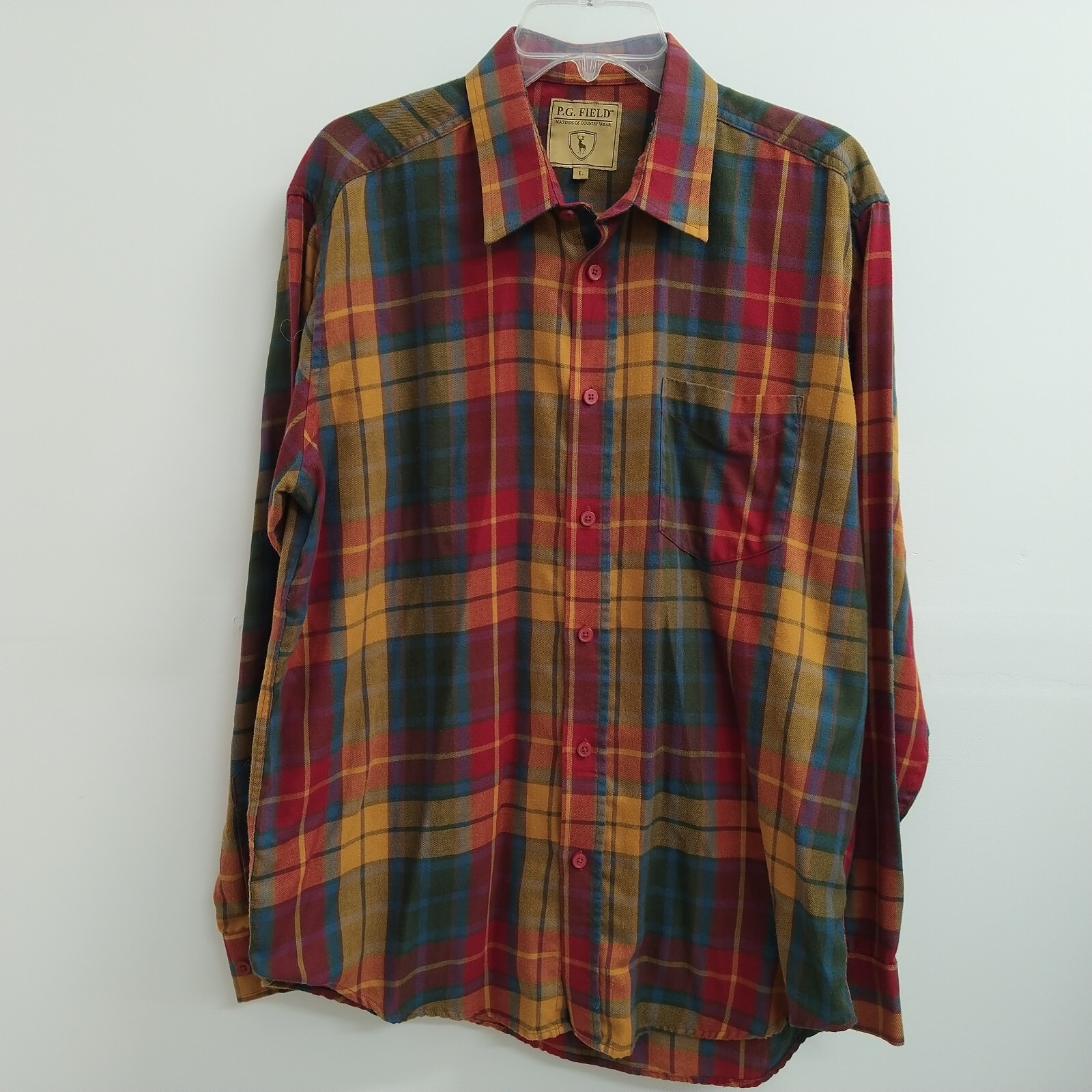 P.G. Field Mens Button Up Shirt Size Large Red Plaid Colorfull Long Sleeve