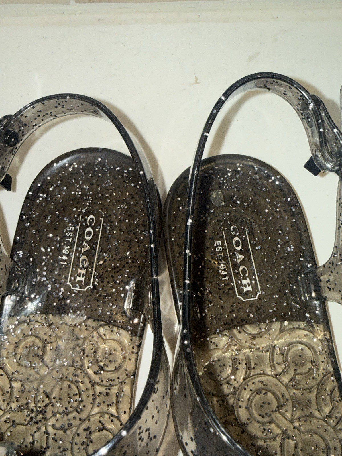 Coach Hilda Jelly Sandals Size 9 Black Embellished Glitter Designer Resortwear