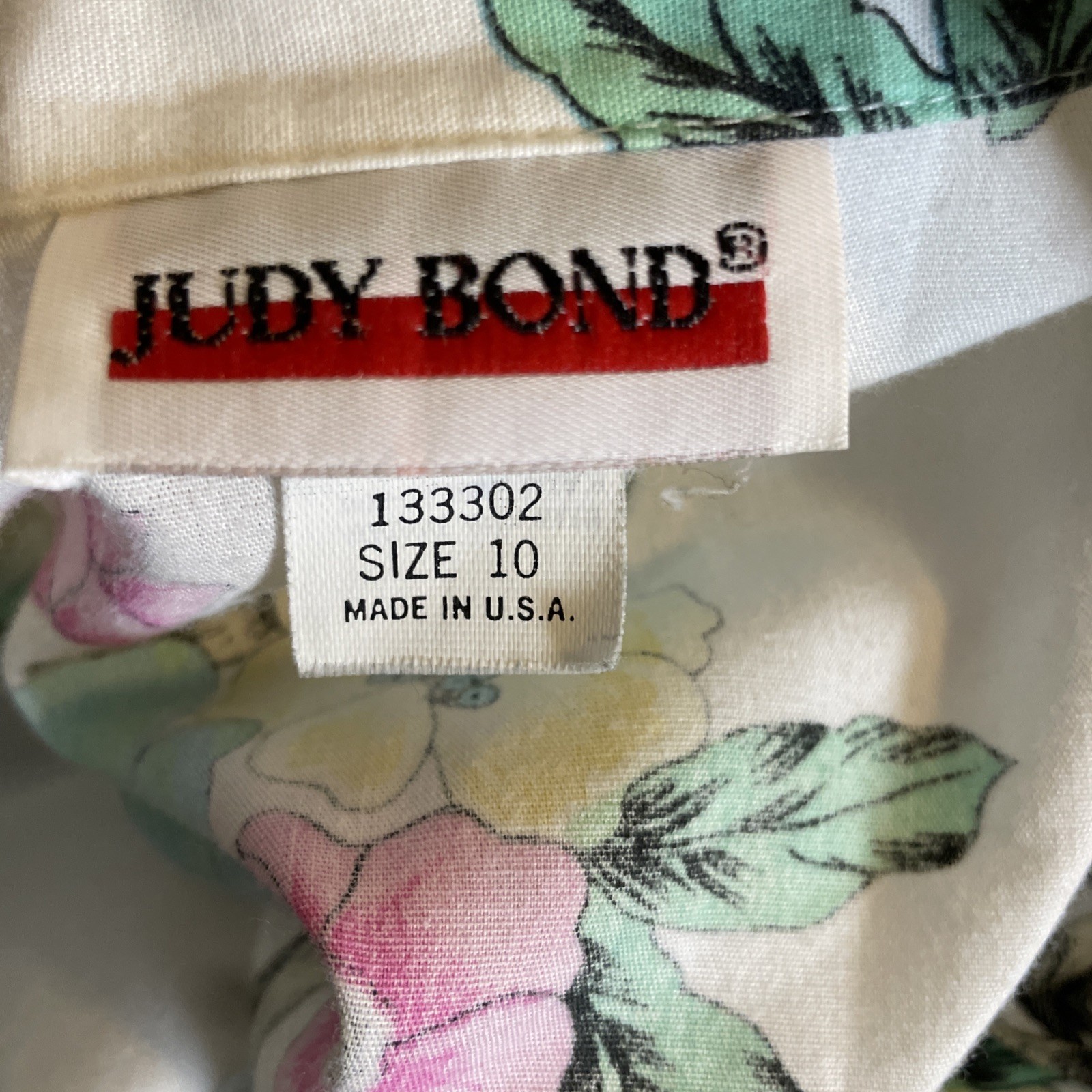 Vintage Judy Bond Blouse, White with Multi-Color Floral, Shoulder Pads, Size 10