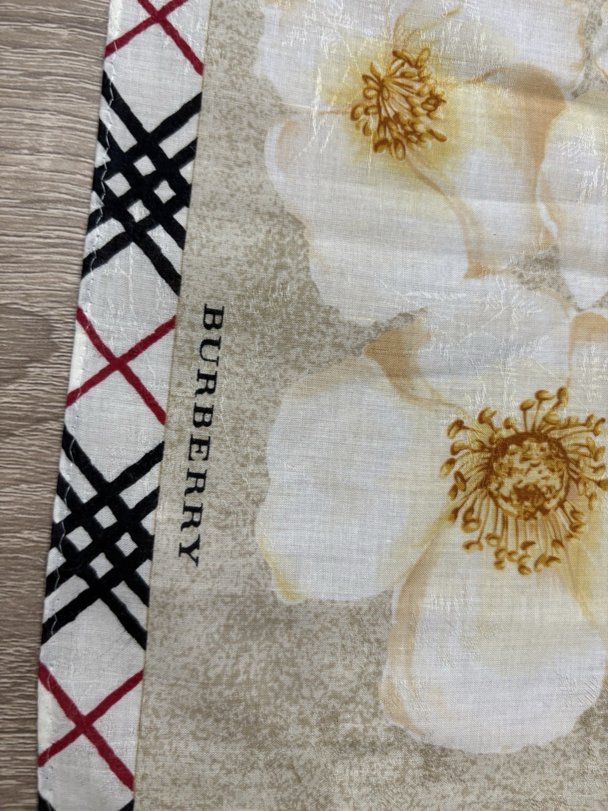Burberry Floral Handkerchief Beige/White Flowers Plaid Border Black/Red 1pc