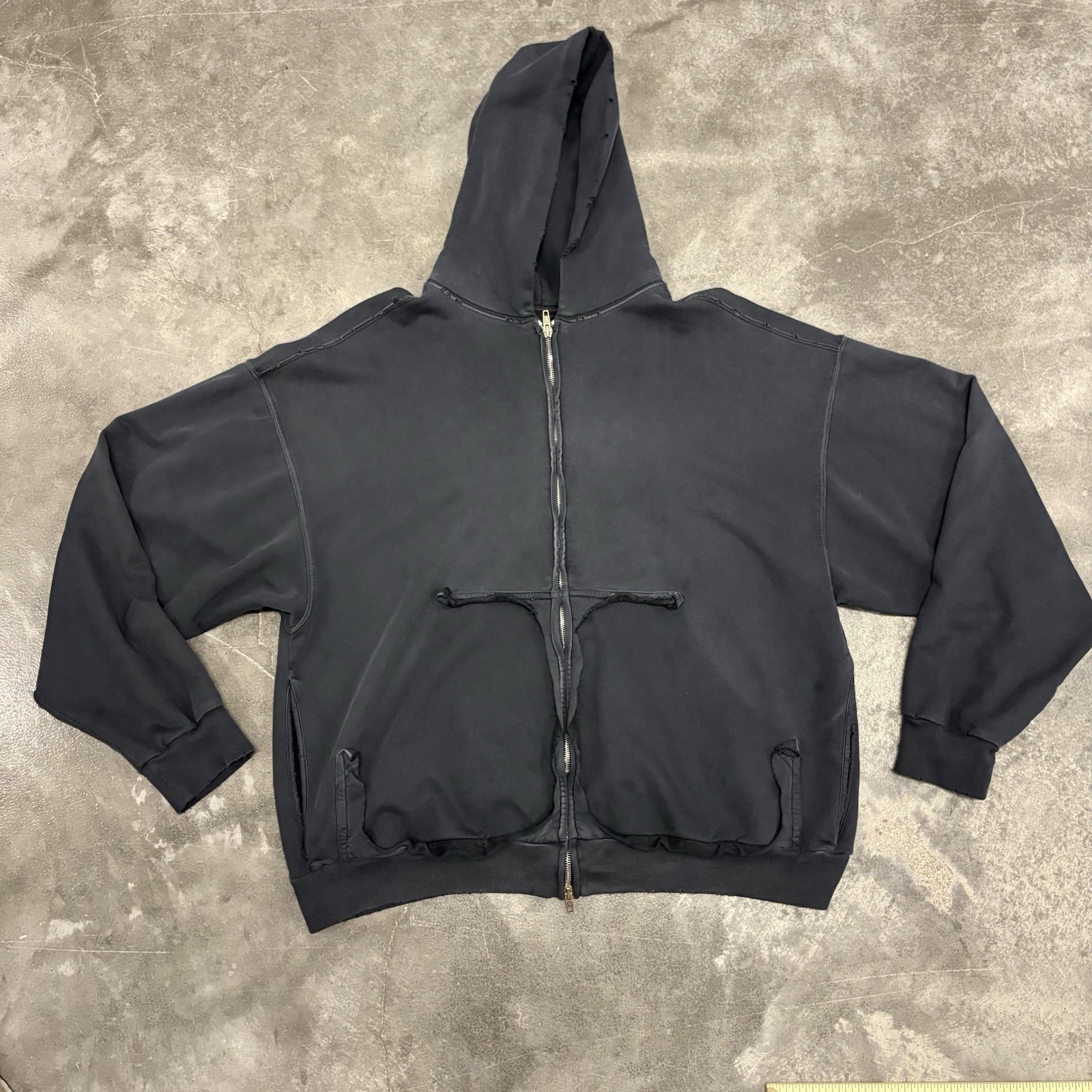 Men’s Balenciaga Black Full Zip Tape Fleece Hoodie Yellow Back Logo Oversized