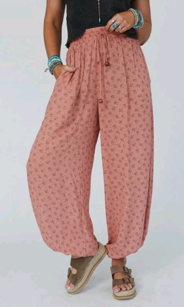 Three Bird Nest The Nest Emberlyn Wide Leg Cinched Pants LARGE Floral Clay