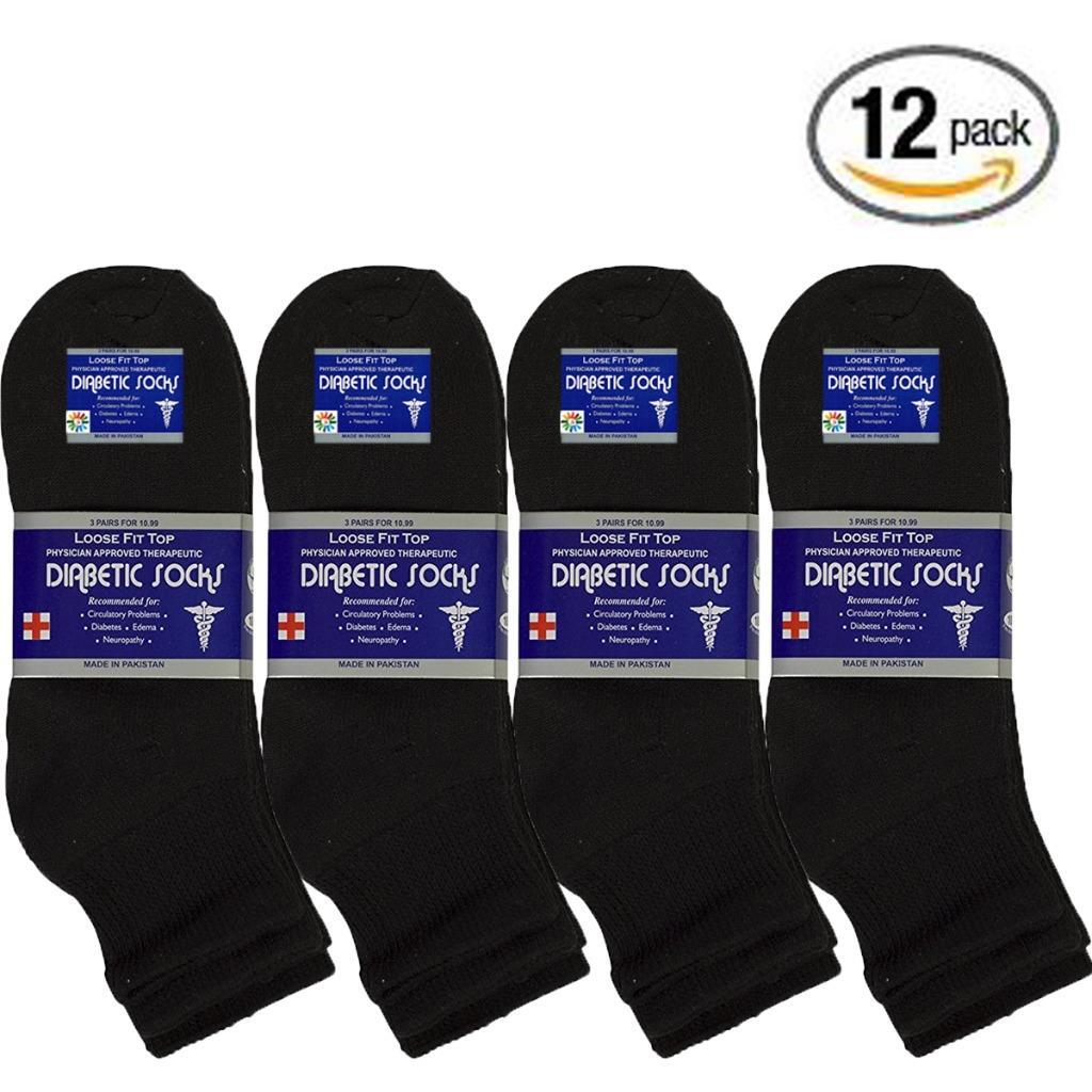 12 Pair Black Men Physicians Choice Loose Fit Diabetic Ankle Socks Cotton 10-13
